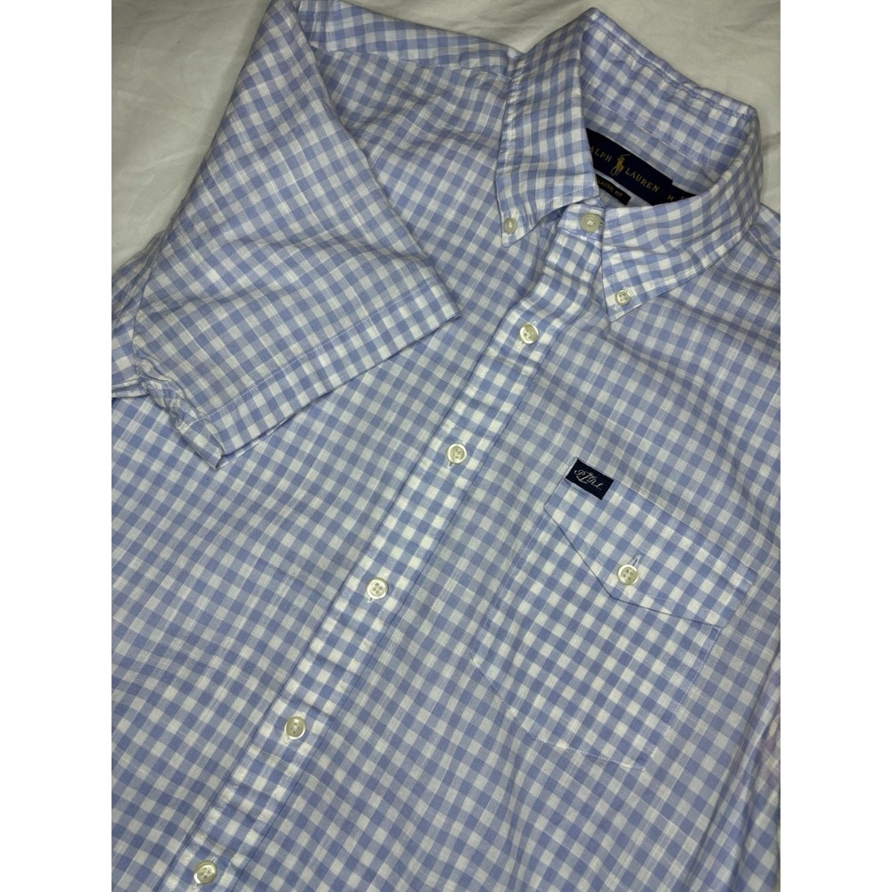 Ralph Lauren Medium Sky Blue Gingham Check Short Sleeve Button Shirt Classic Fit